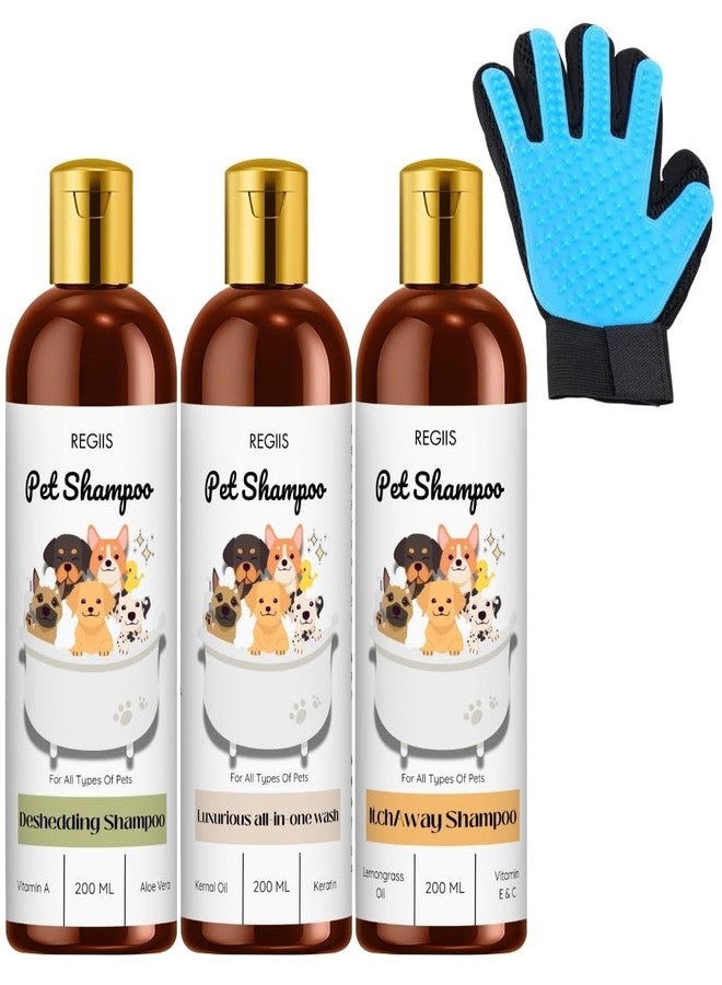 مجموعة شامبو ريجيس للحيوانات الأليفة مع قفاز للعناية، عبوة من 3 قطع، شامبو للكلاب لجميع أنواع الحيوانات الأليفة، يزيل الشعر الزائد، فاخر ومتكامل، يزيل الحكة، 200 مل لكل عبوة - Image 1